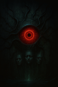 a red eye with many faces in the background