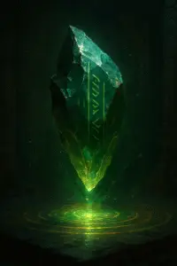 a green and yellow rock with a light coming out of it